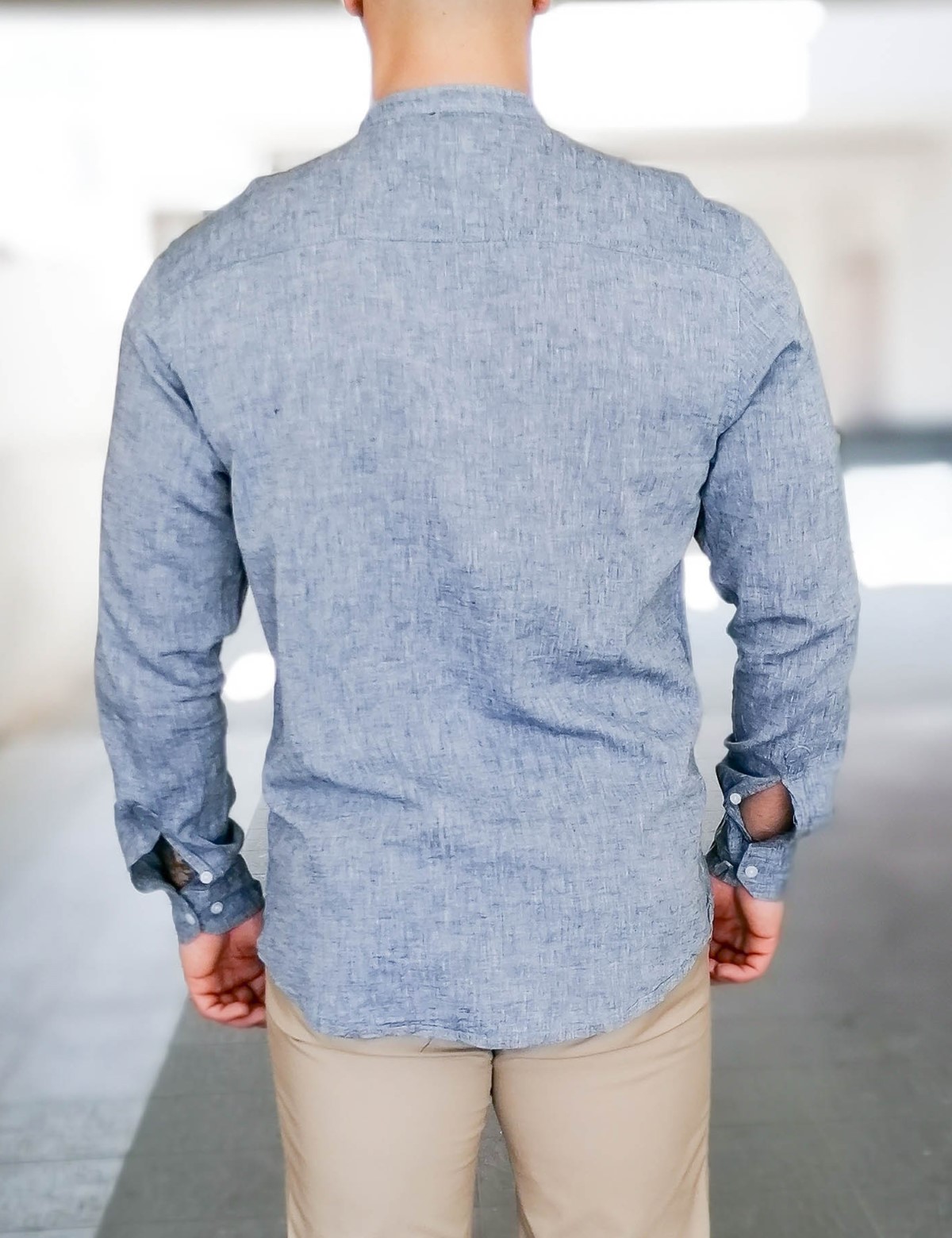 Ανδρικό μπλε λινό πουκάμισο με μάο γιακά 17038B φωτογραφία